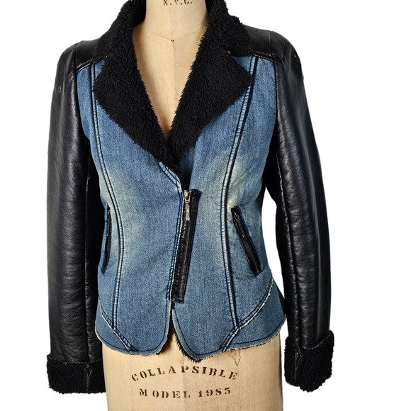 Tribal Jackets & Blazers - Tribal denim faux shearling pleather moto jacket zip front Medium